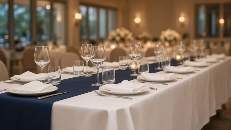 Banquet table set with a white tablecloth, a navy runner, glassware, and folded napkins