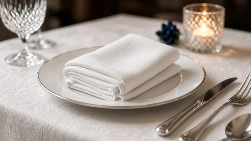 Folded white linen napkin on a plate at a table set with a white damask tablecloth, crystal glassware, and a candle