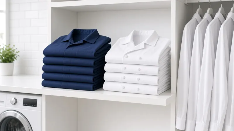 Folded navy work shirts and white chef coats on a shelf, with white coats hanging beside them